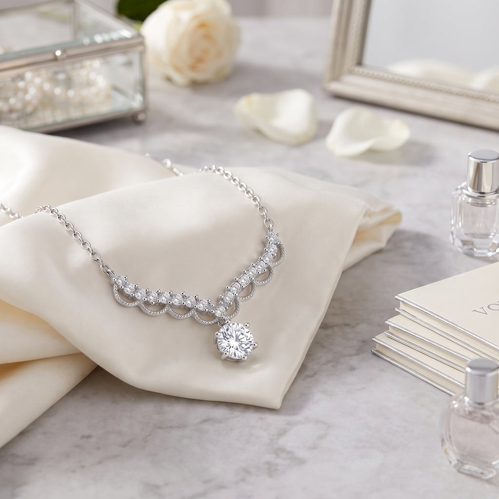 Sterling Silver Scalloped Moissanite Necklace