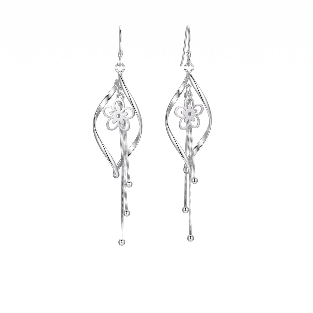 Sterling Silver Twisted Marquise Flower Tassel Drop Earrings