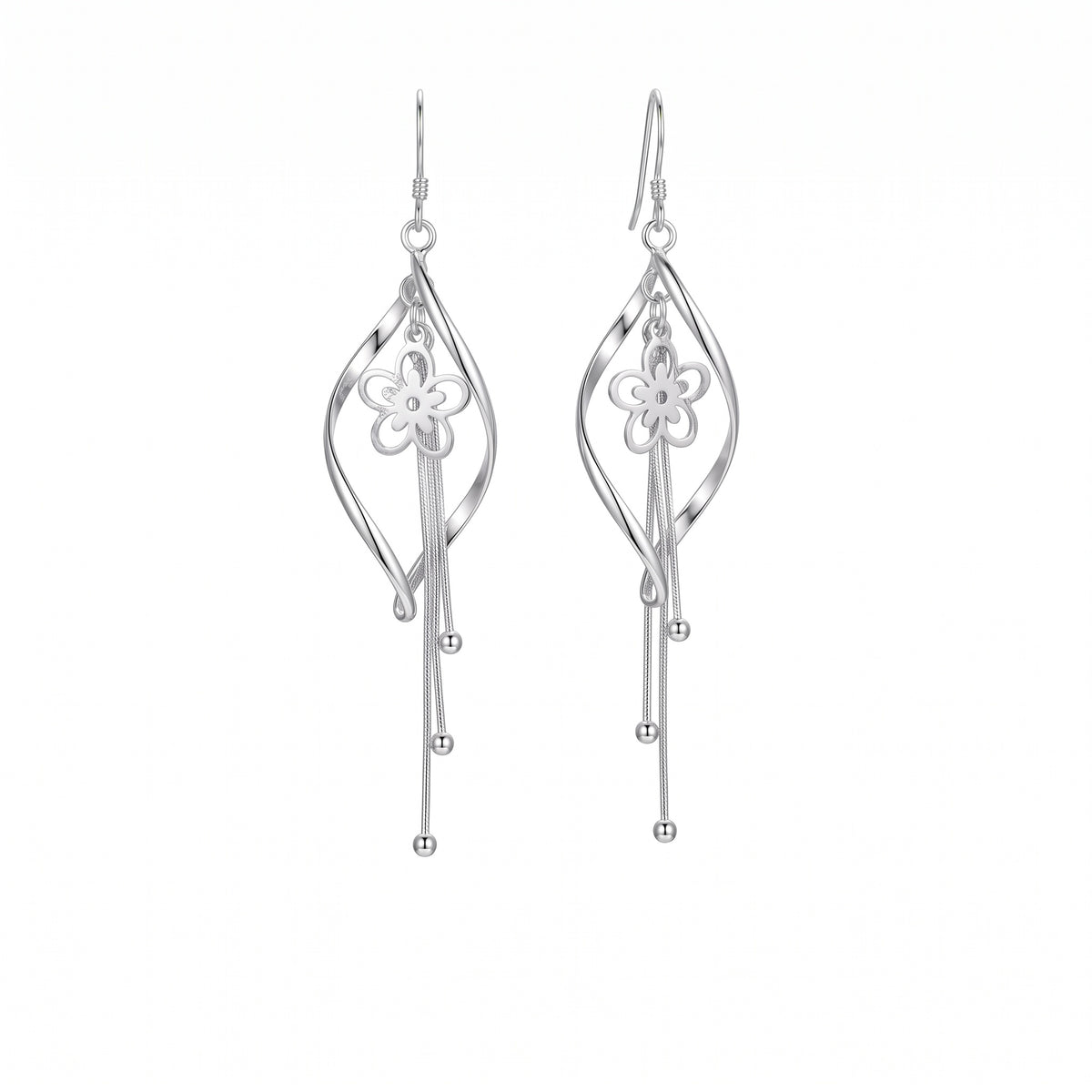 Sterling Silver Twisted Marquise Flower Tassel Drop Earrings