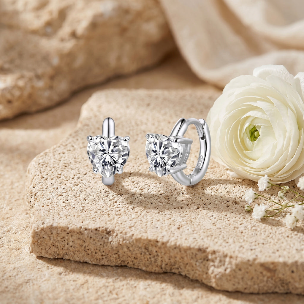 Sterling Silver Heart CZ Huggie Hoop Earrings
