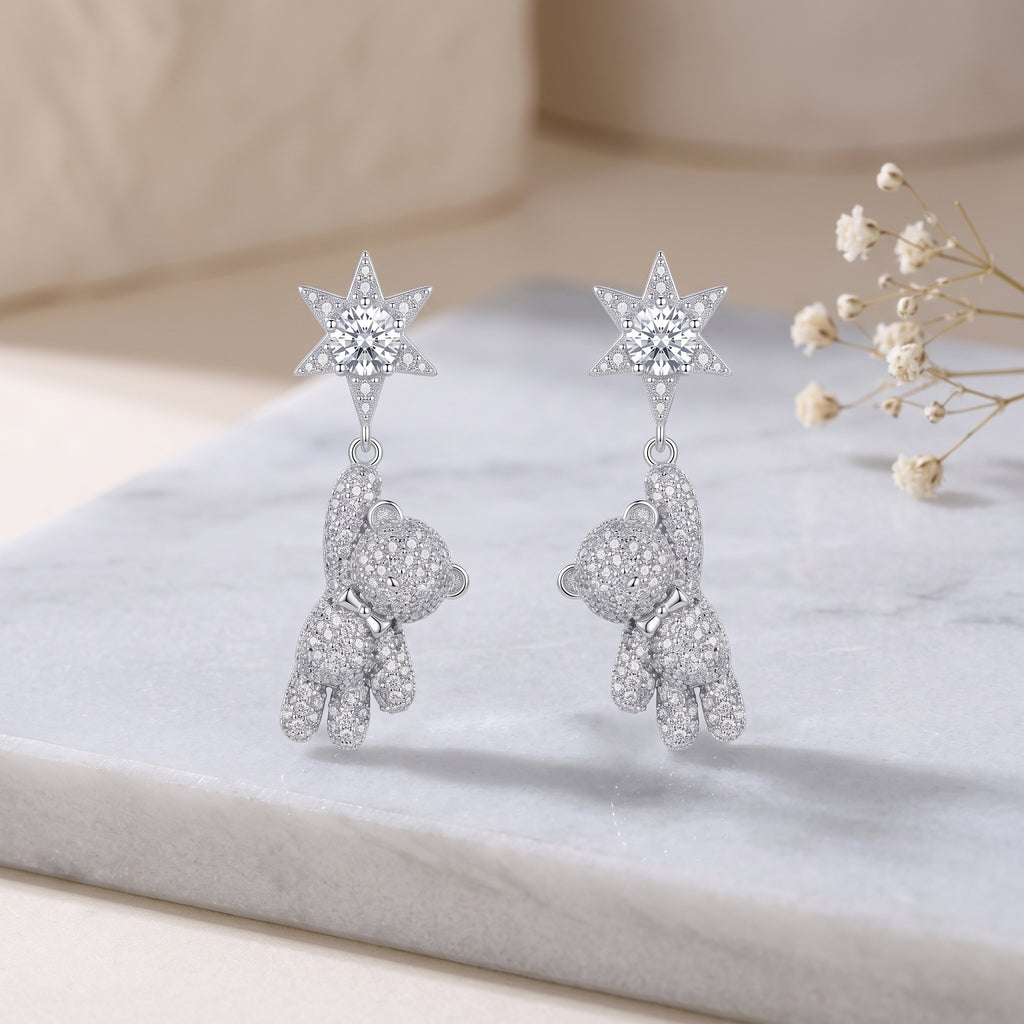 Sterling Silver Star and Teddy Bear Drop Earrings