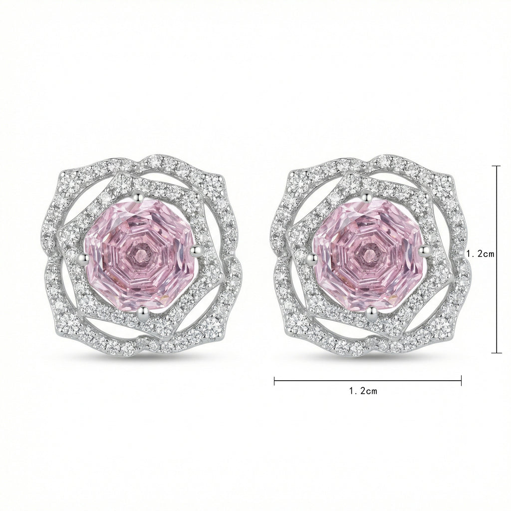 Sterling Silver Pink Gemstone Floral Stud Earrings – Pavé Rose Design