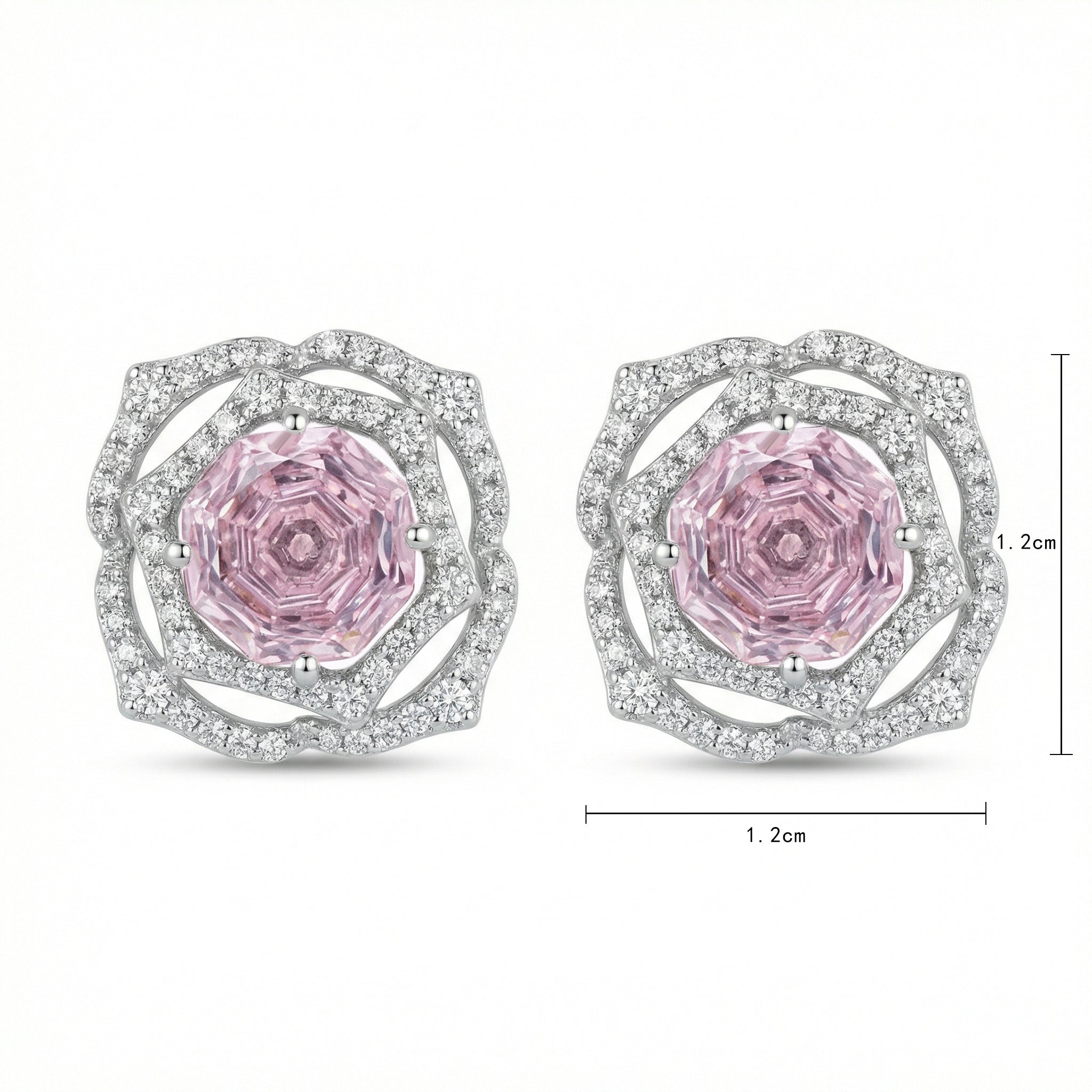 Sterling Silver Pink Gemstone Floral Stud Earrings – Pavé Rose Design