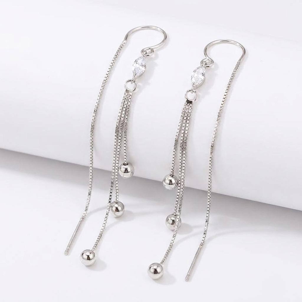 Sterling Silver Marquise Cubic Zirconia Tassel Threader Earrings