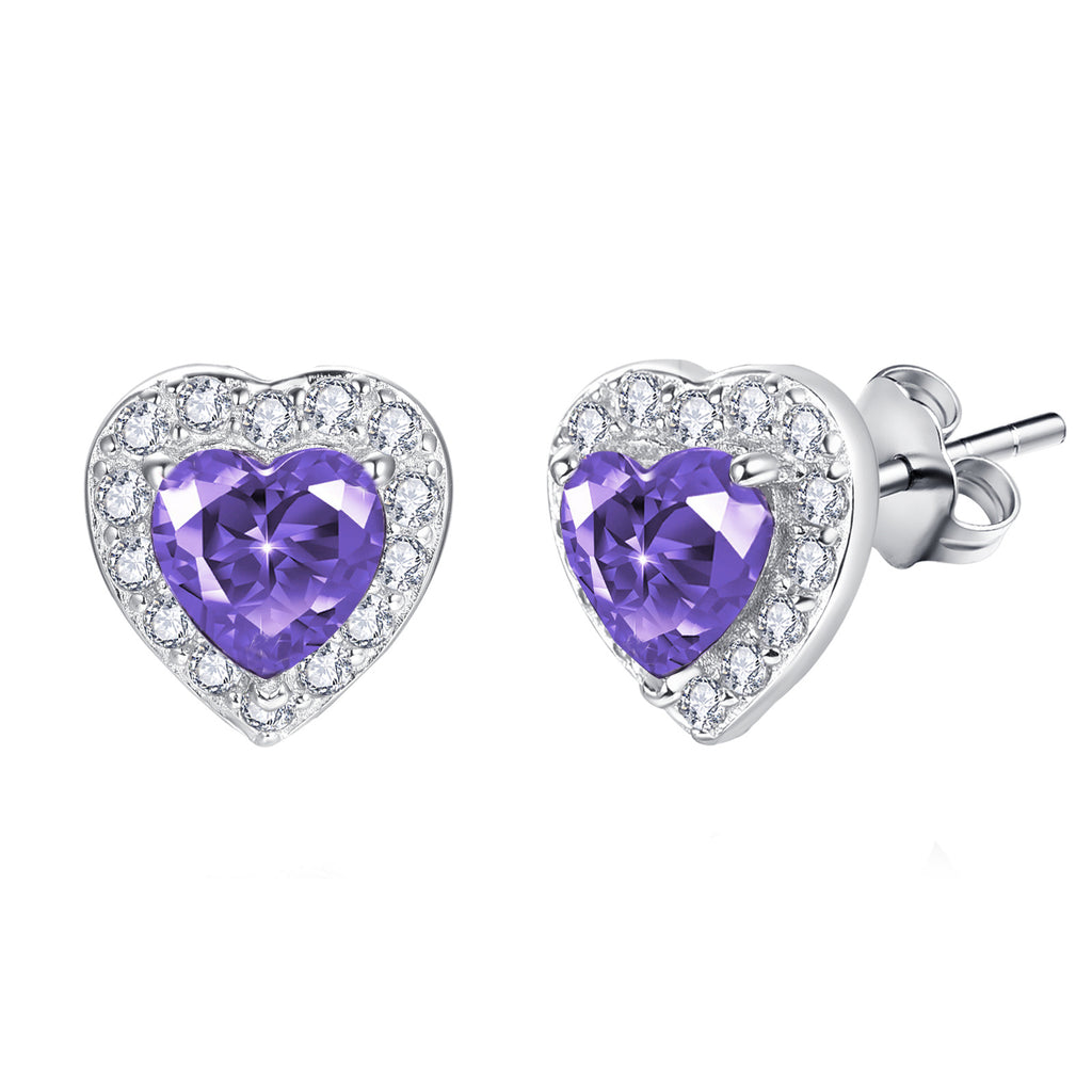 Sterling Silver Purple Heart Cubic Zirconia Halo Stud Earrings