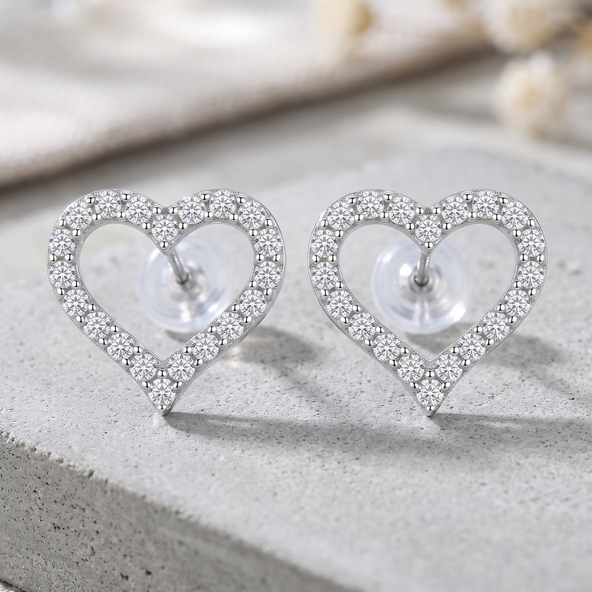 Sterling Silver Moissanite Heart Stud Earrings