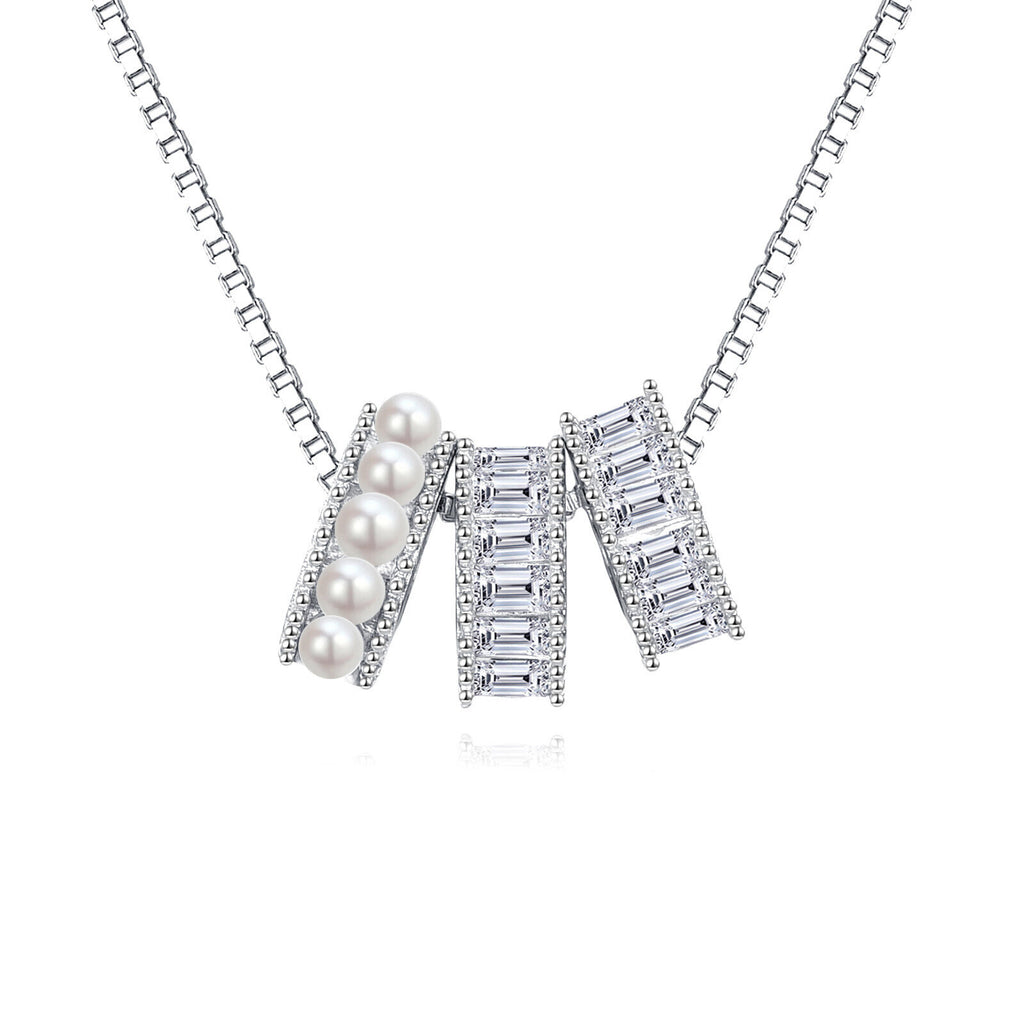 Sterling Silver Elegant Pearl and Baguette Zircon Pendant Necklace