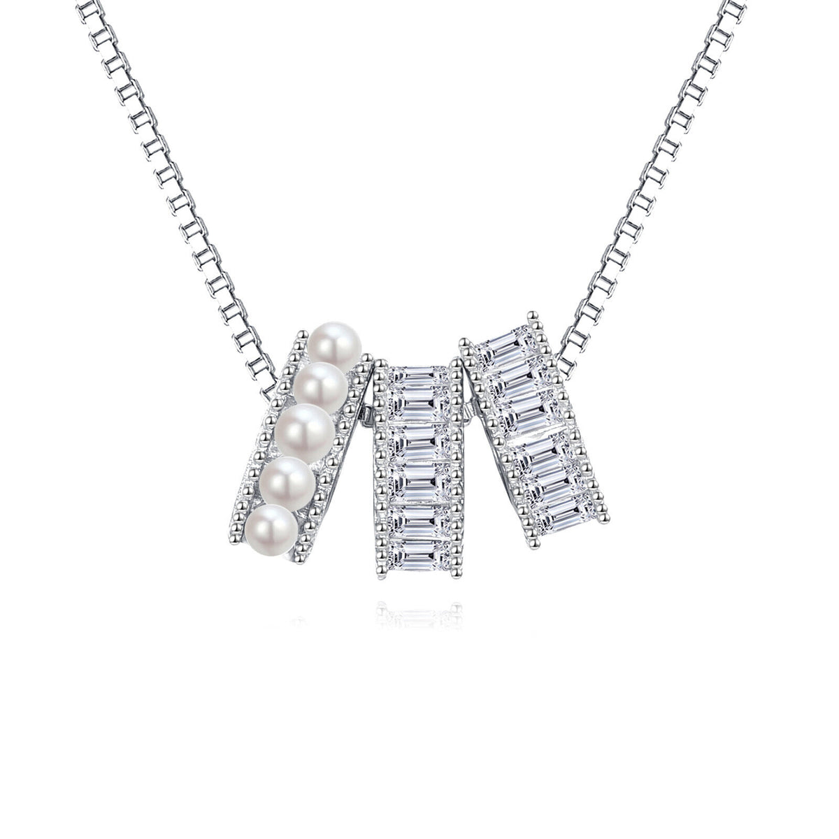 Sterling Silver Elegant Pearl and Baguette Zircon Pendant Necklace