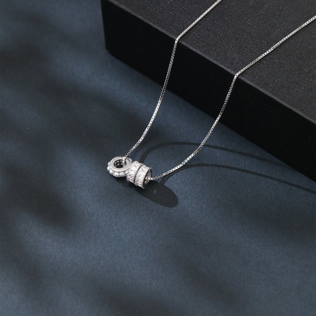 Sterling Silver Elegant Pearl and Baguette Zircon Pendant Necklace