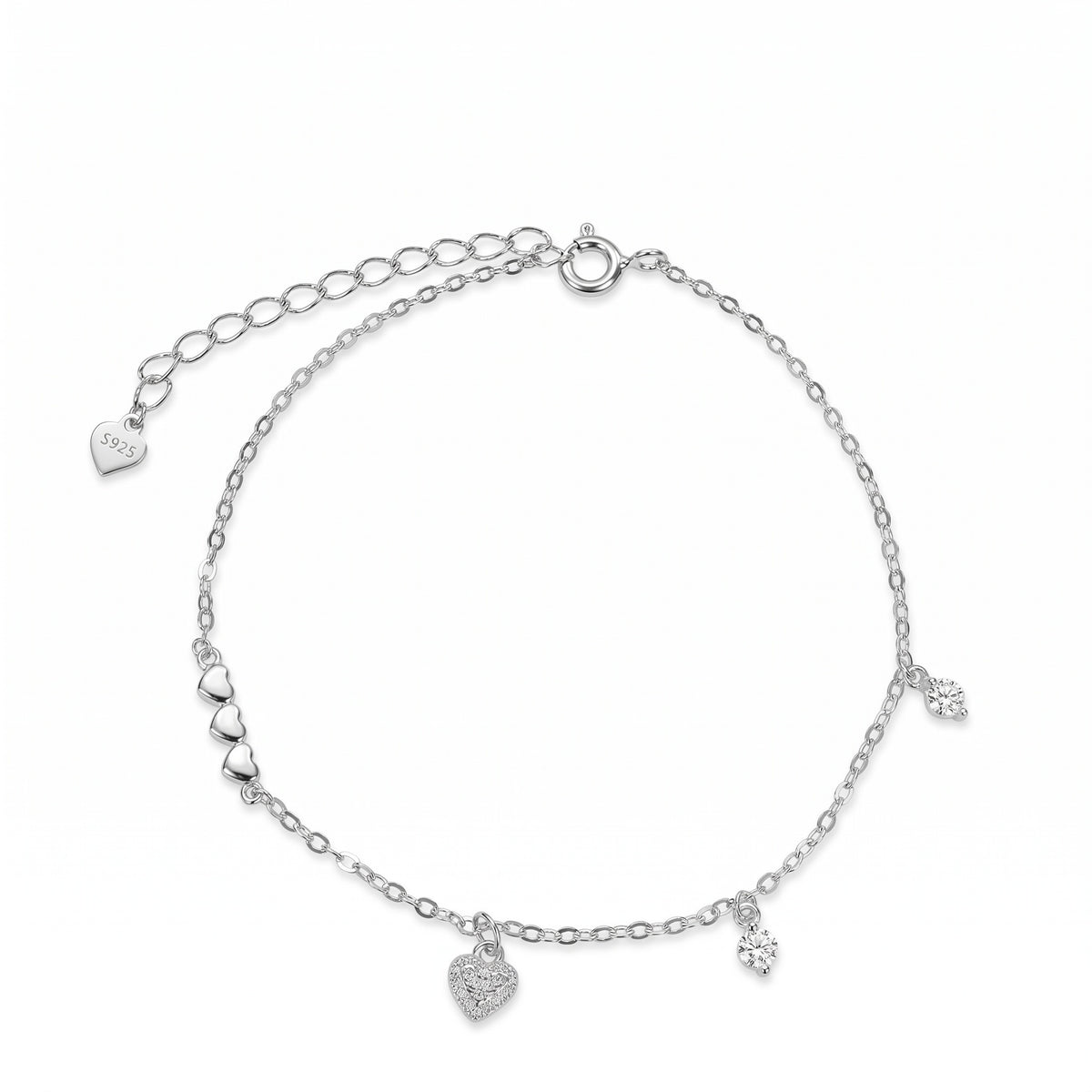 Sterling Silver Heart and Cubic Zirconia Station Anklet