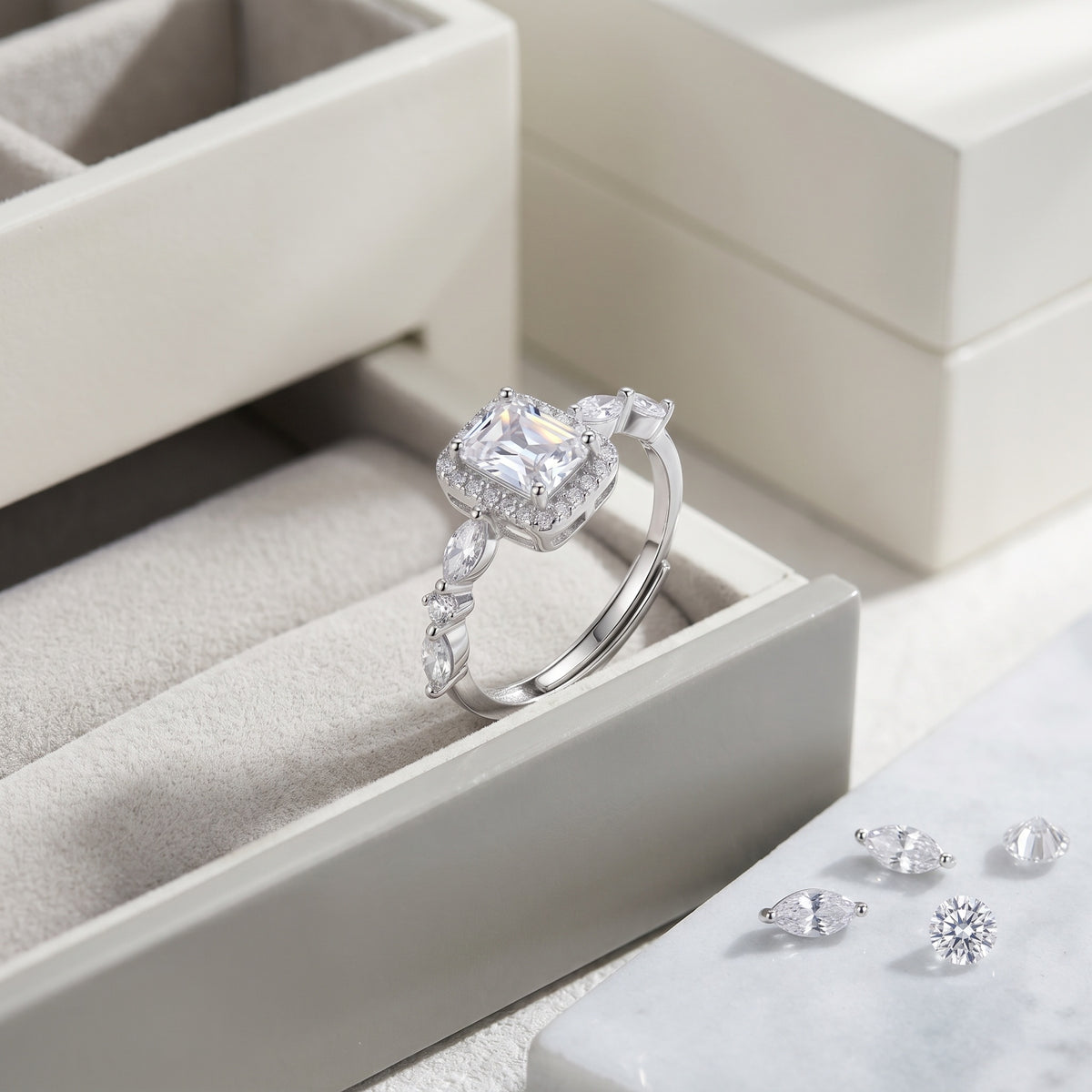 Sterling Silver Adjustable Emerald-Cut Cubic Zirconia Halo Ring