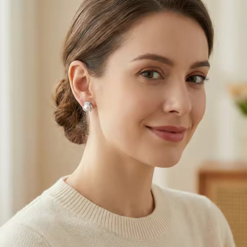 Elegant Pearl and CZ Floral Halo Stud Earrings
