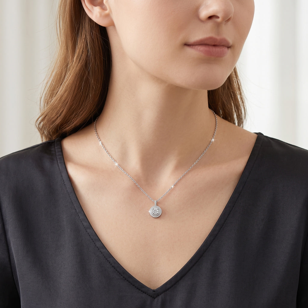 Sterling Silver Moissanite Double Halo Pendant Necklace