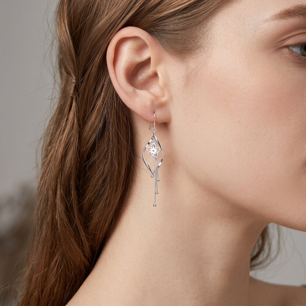 Sterling Silver Twisted Marquise Flower Tassel Drop Earrings