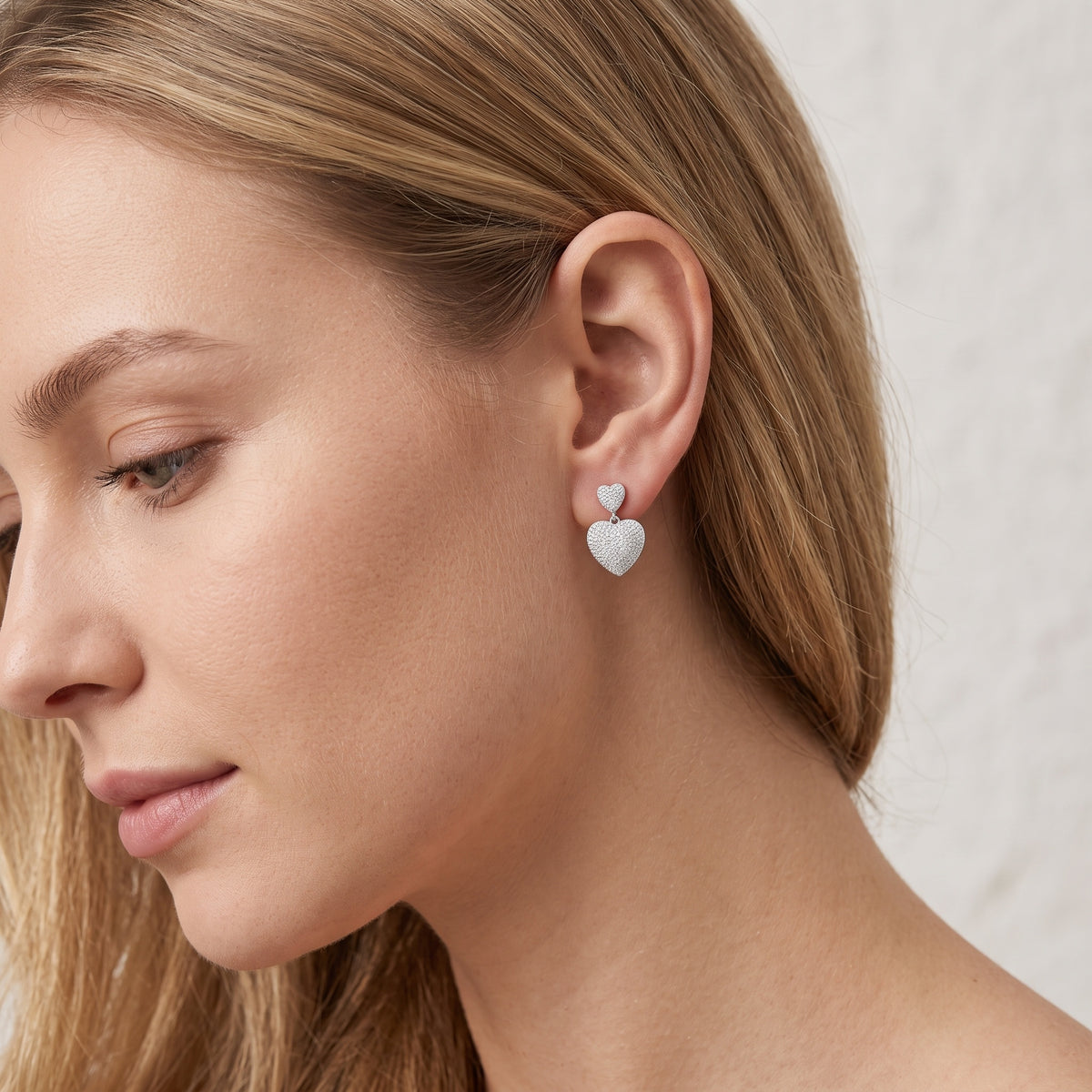 Sterling Silver Double Heart Moissanite Drop Earrings