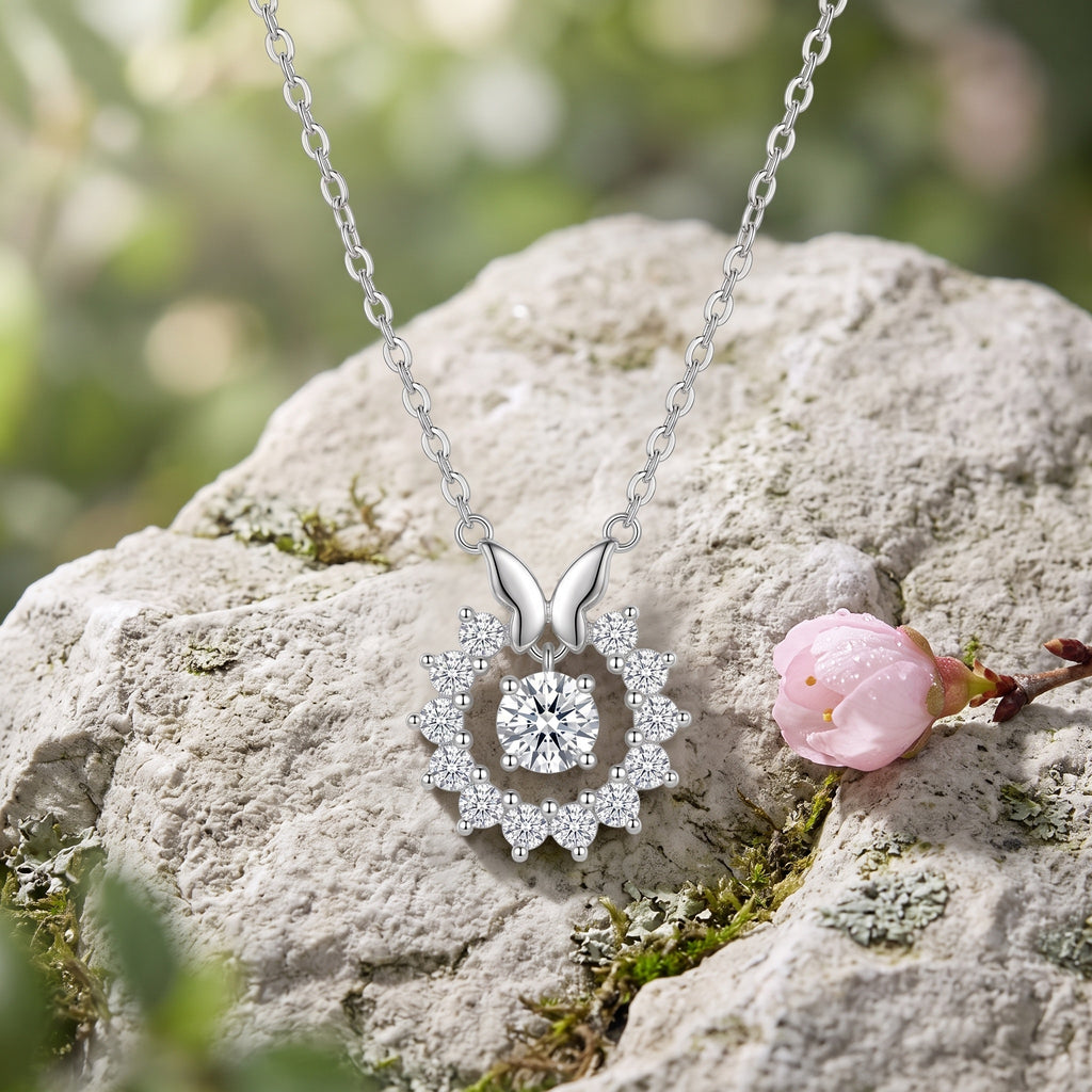 Sterling Silver Butterfly Moissanite Halo Pendant Necklace