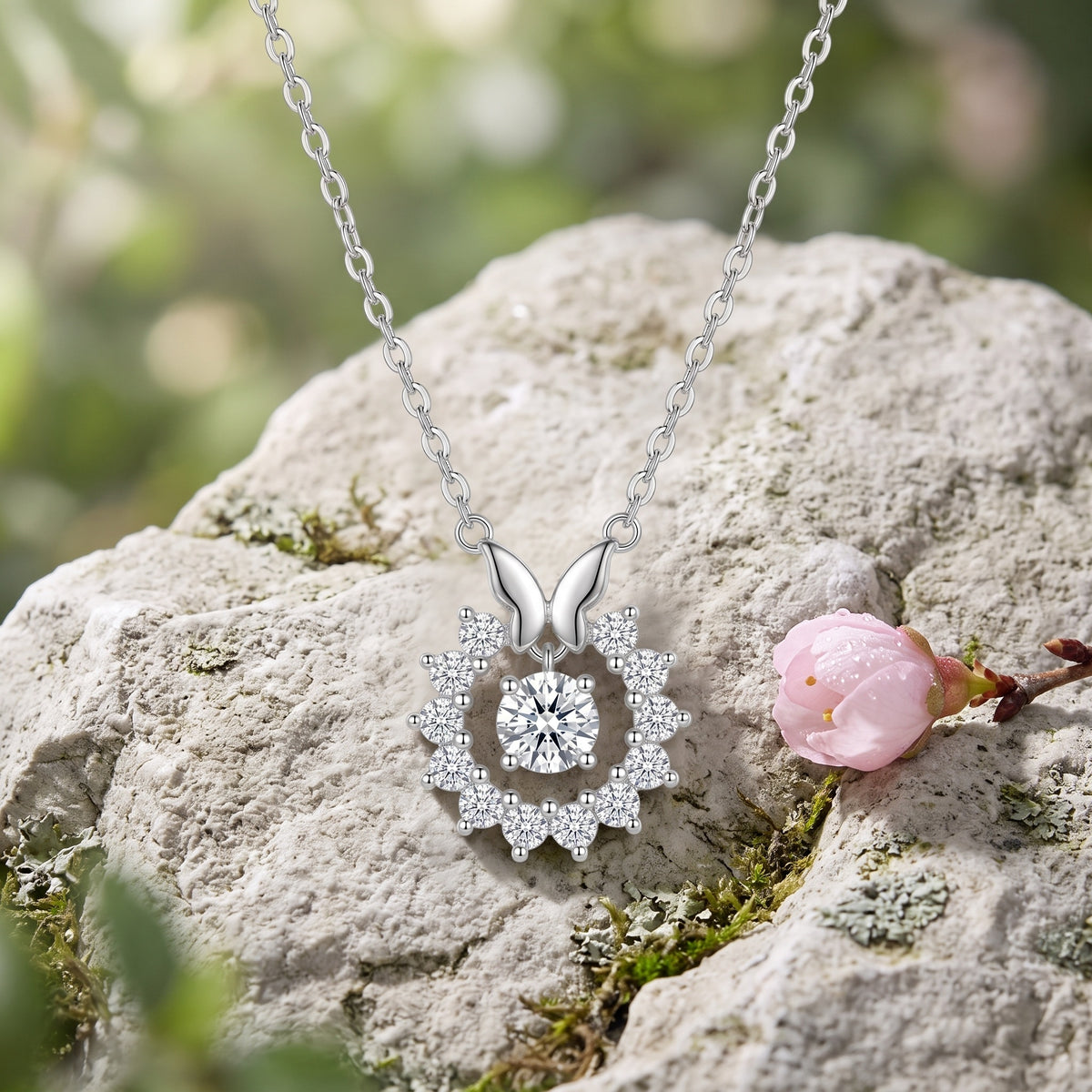 Sterling Silver Butterfly Moissanite Halo Pendant Necklace
