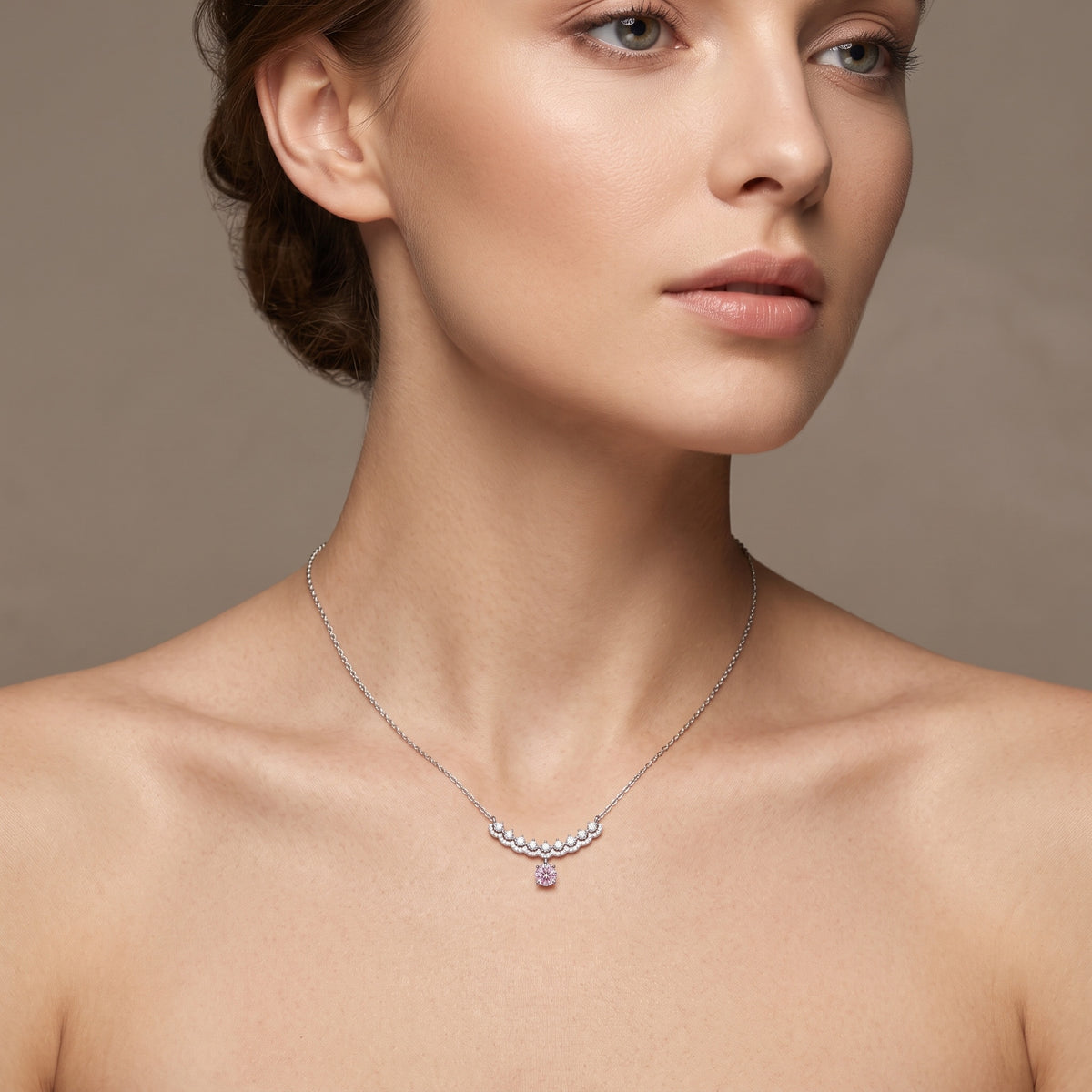 Sterling Silver Pink Moissanite Curved Pendant Necklace – Pave Collar Design