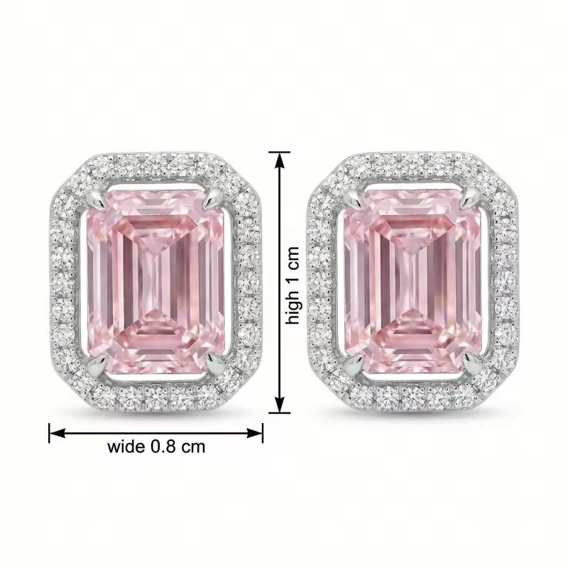 Sterling Silver Pink Emerald-Cut Gemstone Stud Earrings – Sparkling Halo Design