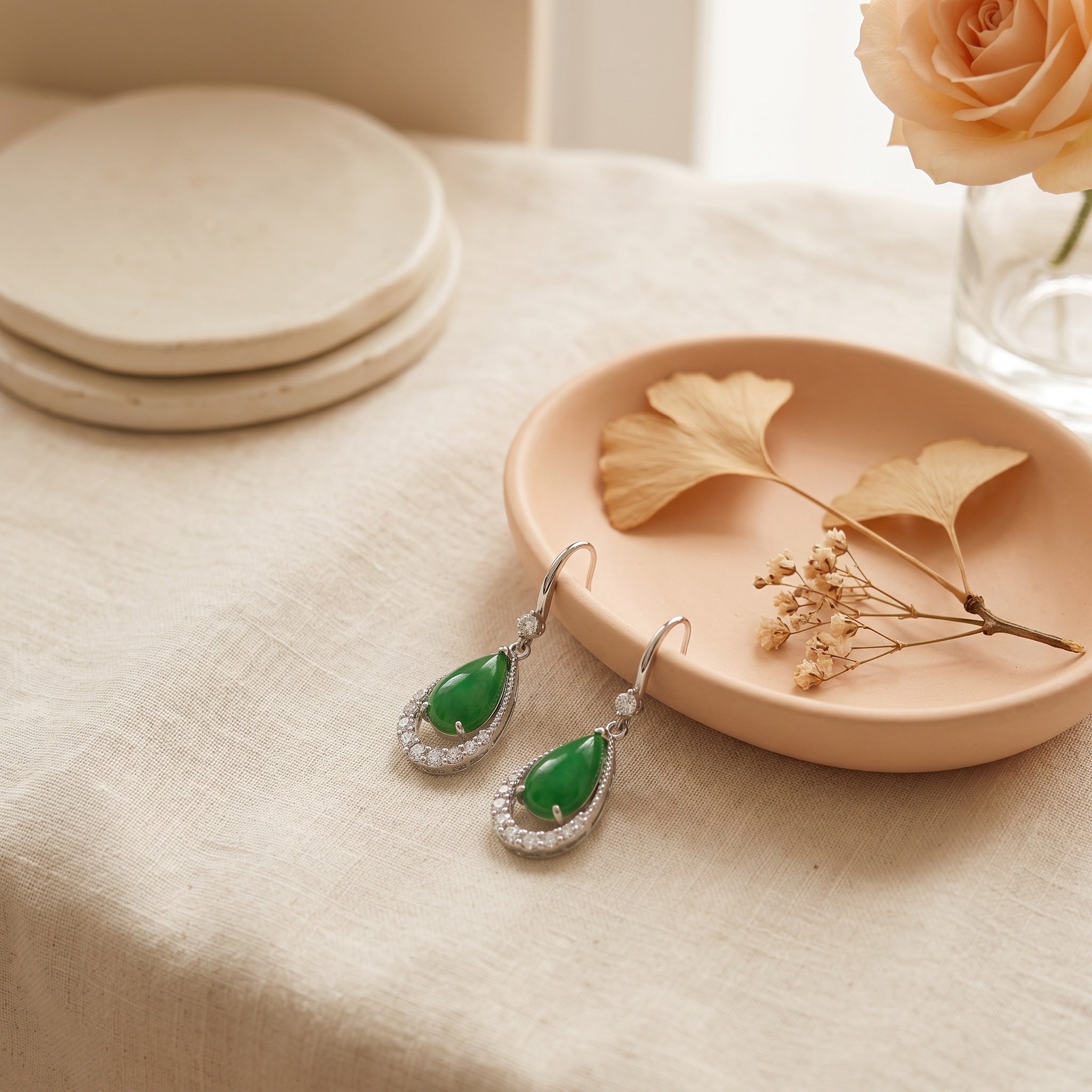 Pear-Shaped Green Jadeite and CZ Drop Earring