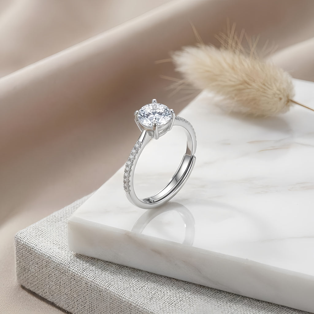 Sterling Silver Adjustable Cubic Zirconia Solitaire Ring