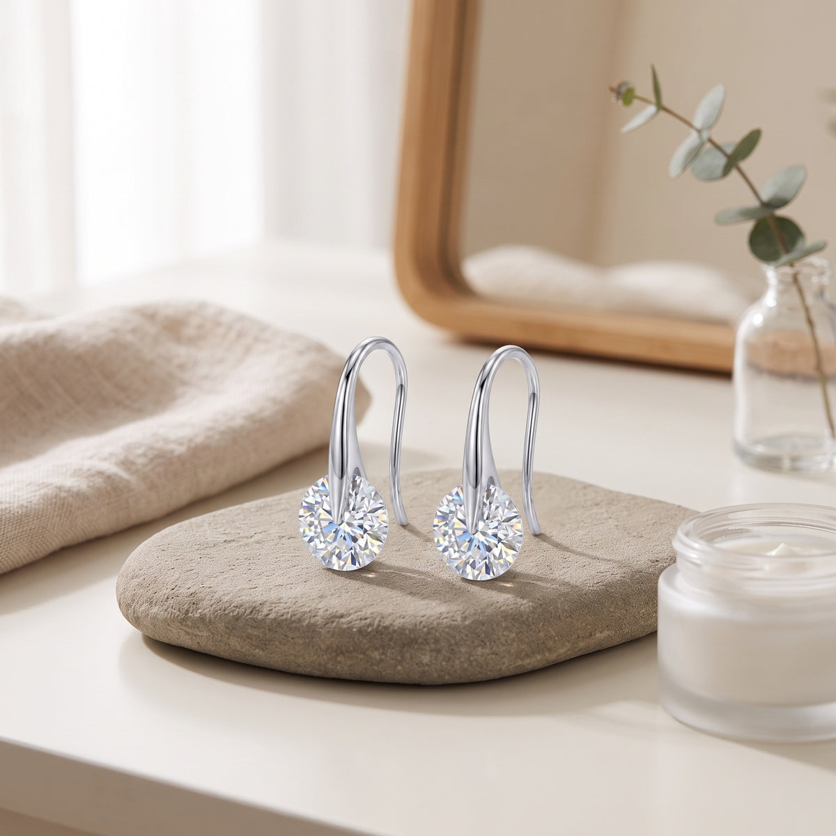 Sterling Silver Round Moissanite Hook Drop Earrings