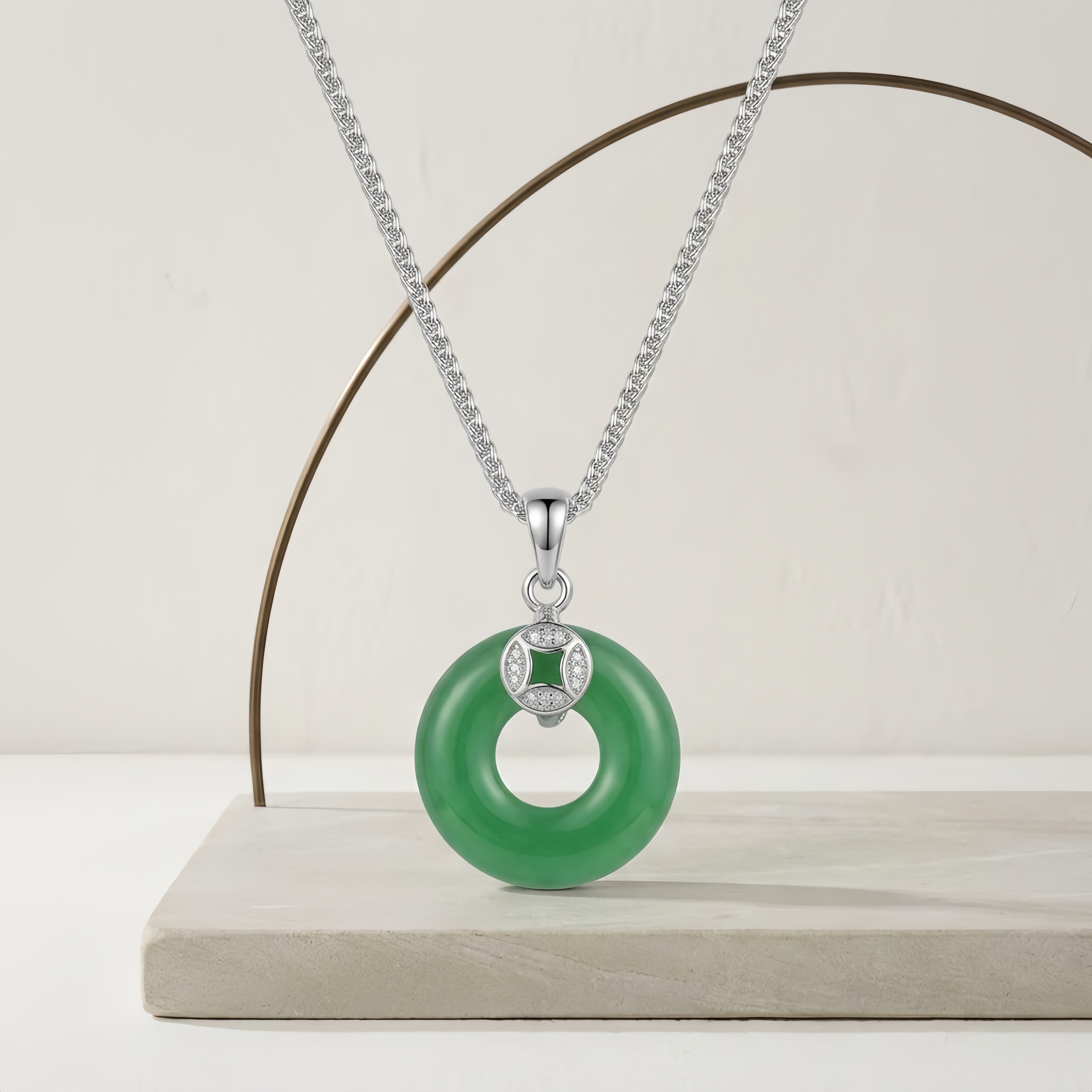 Green Jade Pendant Necklace with CZ Accent