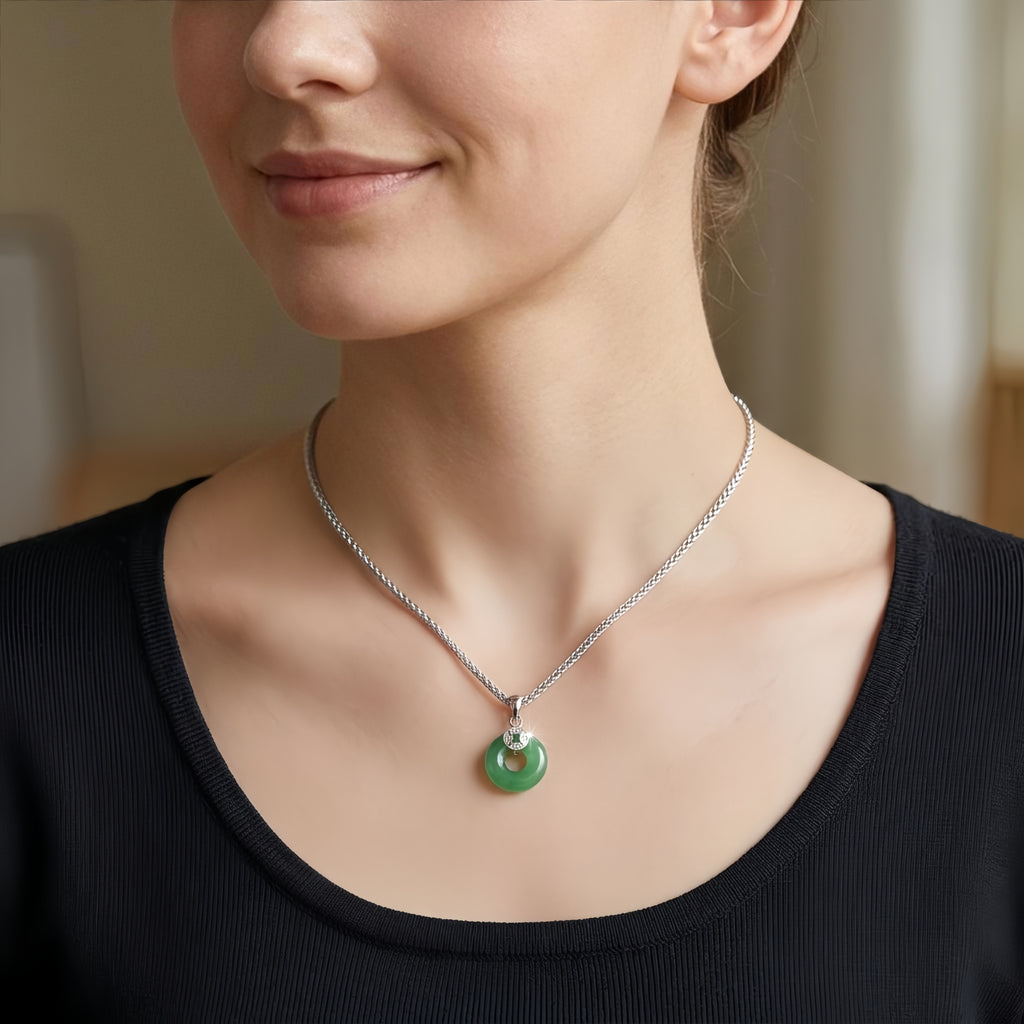 Green Jade Pendant Necklace with CZ Accent