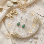 Green Jade Teardrop Drop Earrings with Filigree Detail – Silver-Tone Hook Earrings