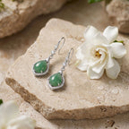 Green Jade Teardrop Drop Earrings with Filigree Detail – Silver-Tone Hook Earrings