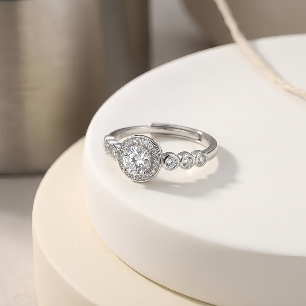 Sterling Silver Adjustable Halo Cubic Zirconia Ring