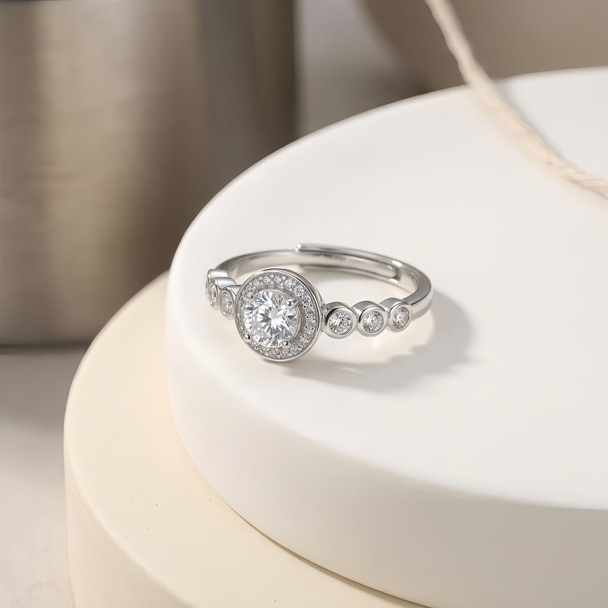 Sterling Silver Adjustable Halo Cubic Zirconia Ring