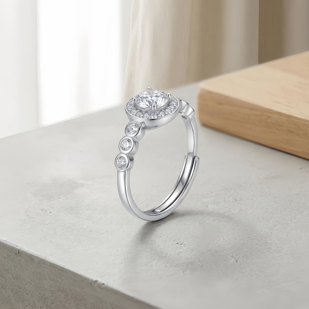 Sterling Silver Adjustable Halo Cubic Zirconia Ring