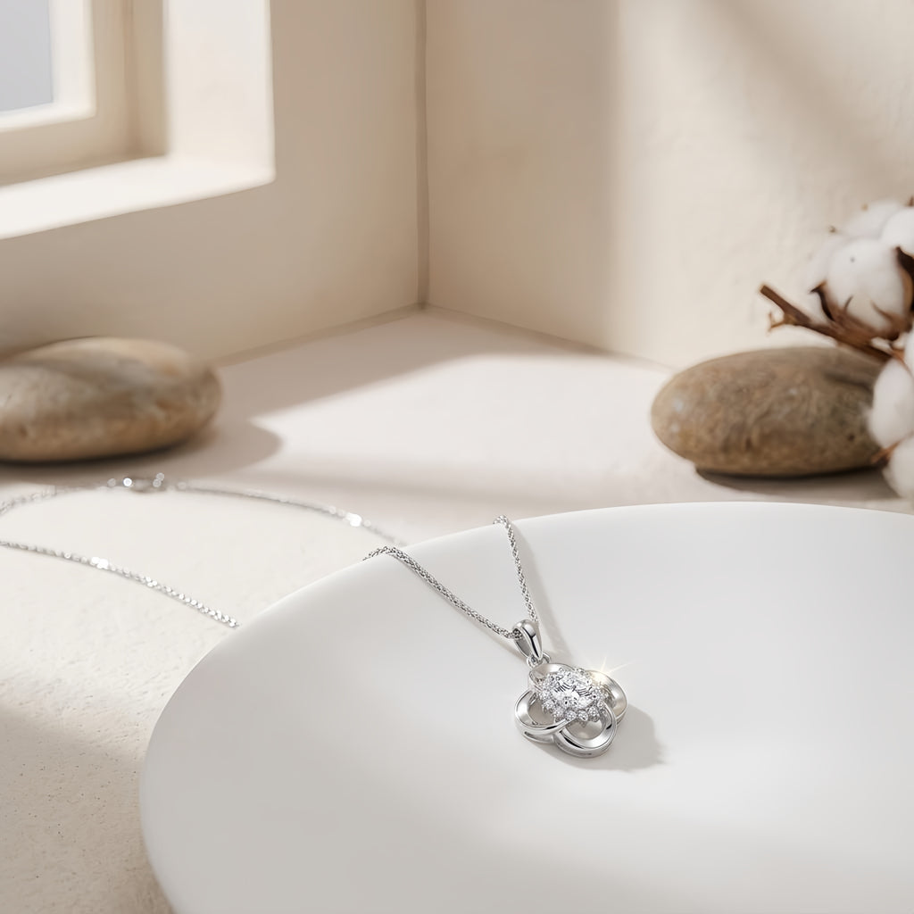 Sterling Silver Flower Clover Cubic Zirconia Pendant Necklace