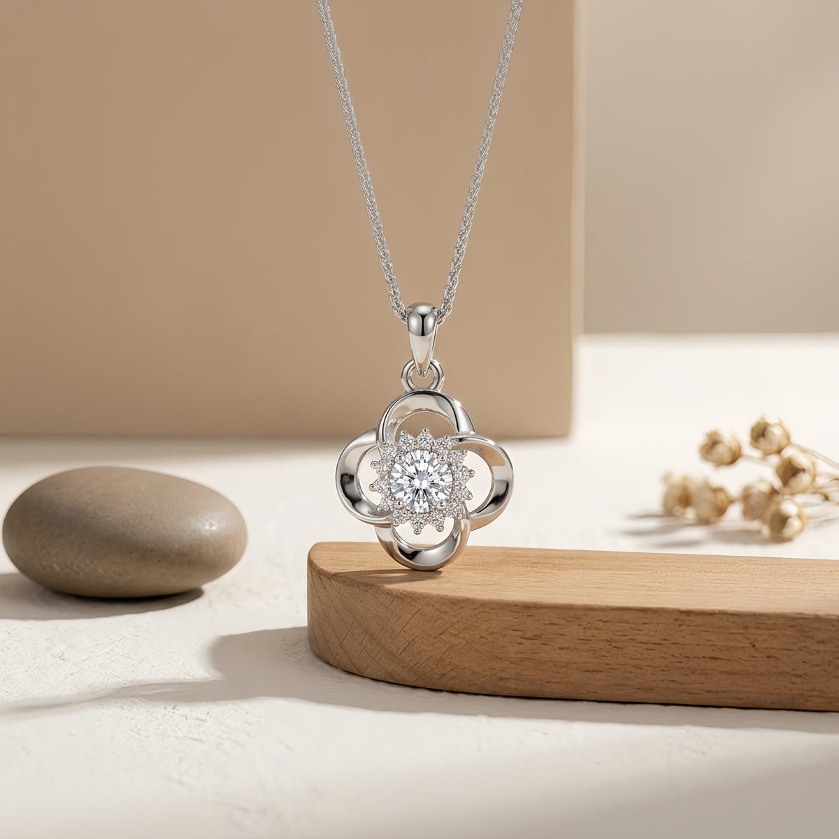 Sterling Silver Flower Clover Cubic Zirconia Pendant Necklace