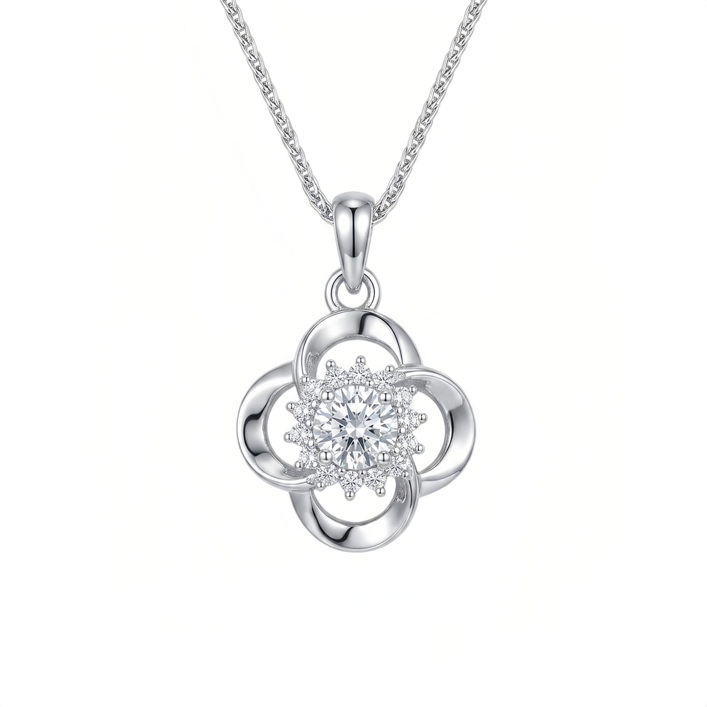 Sterling Silver Flower Clover Cubic Zirconia Pendant Necklace