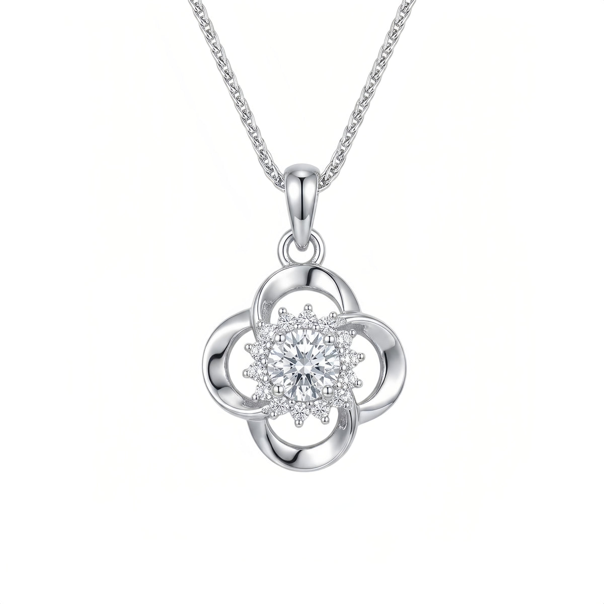 Sterling Silver Flower Clover Cubic Zirconia Pendant Necklace