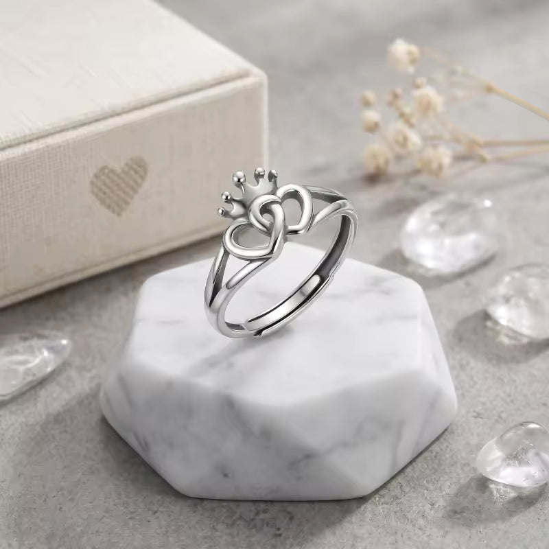 Sterling Silver Adjustable Crown and Double Heart Promise Ring
