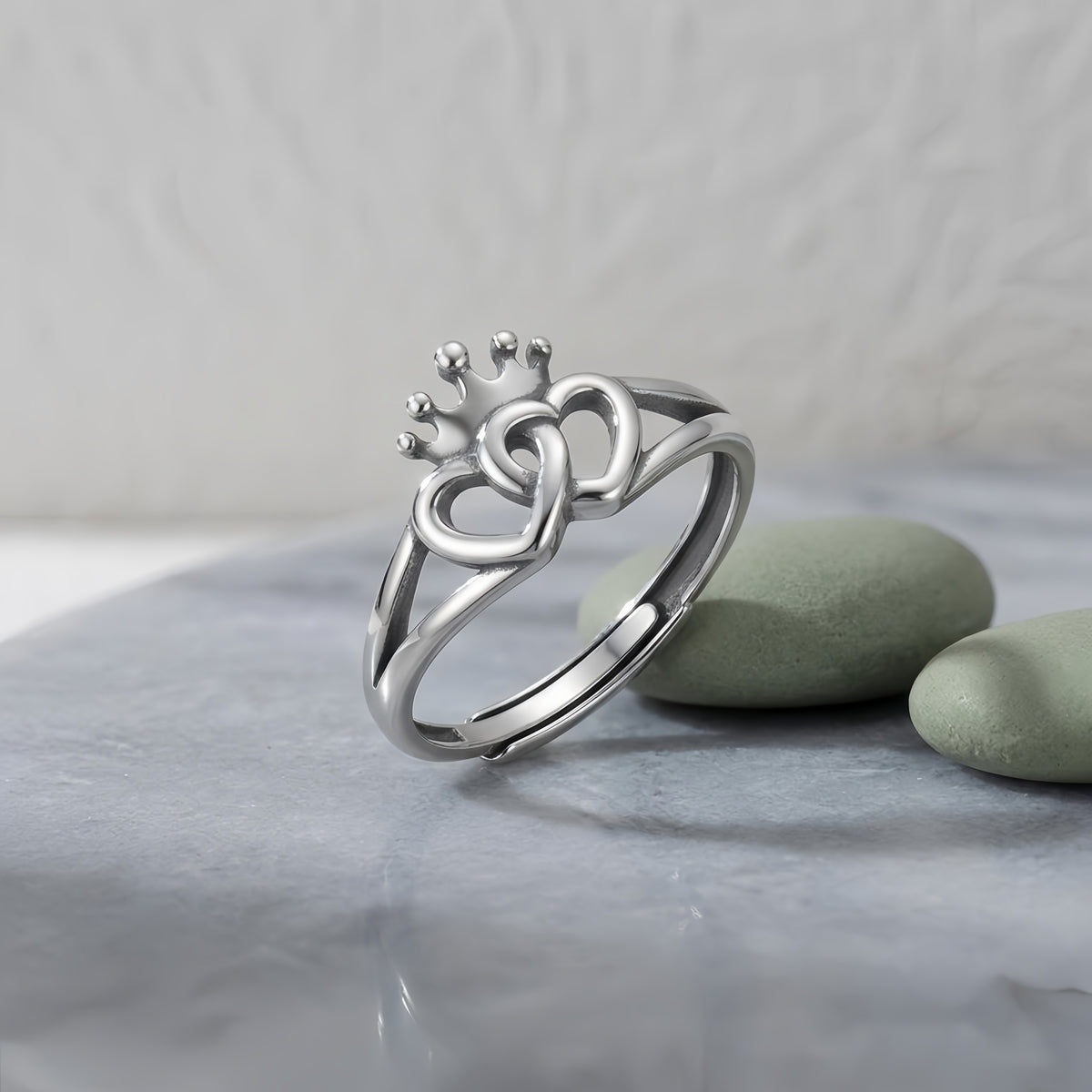 Sterling Silver Adjustable Crown and Double Heart Promise Ring