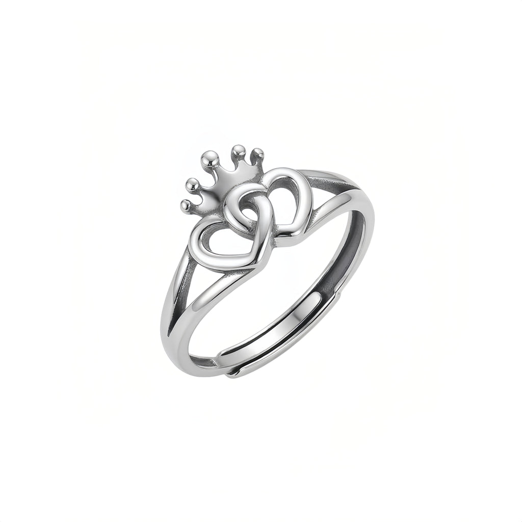 Sterling Silver Adjustable Crown and Double Heart Promise Ring