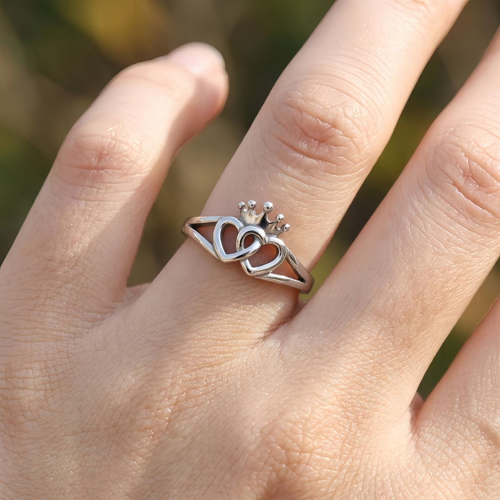 Sterling Silver Adjustable Crown and Double Heart Promise Ring