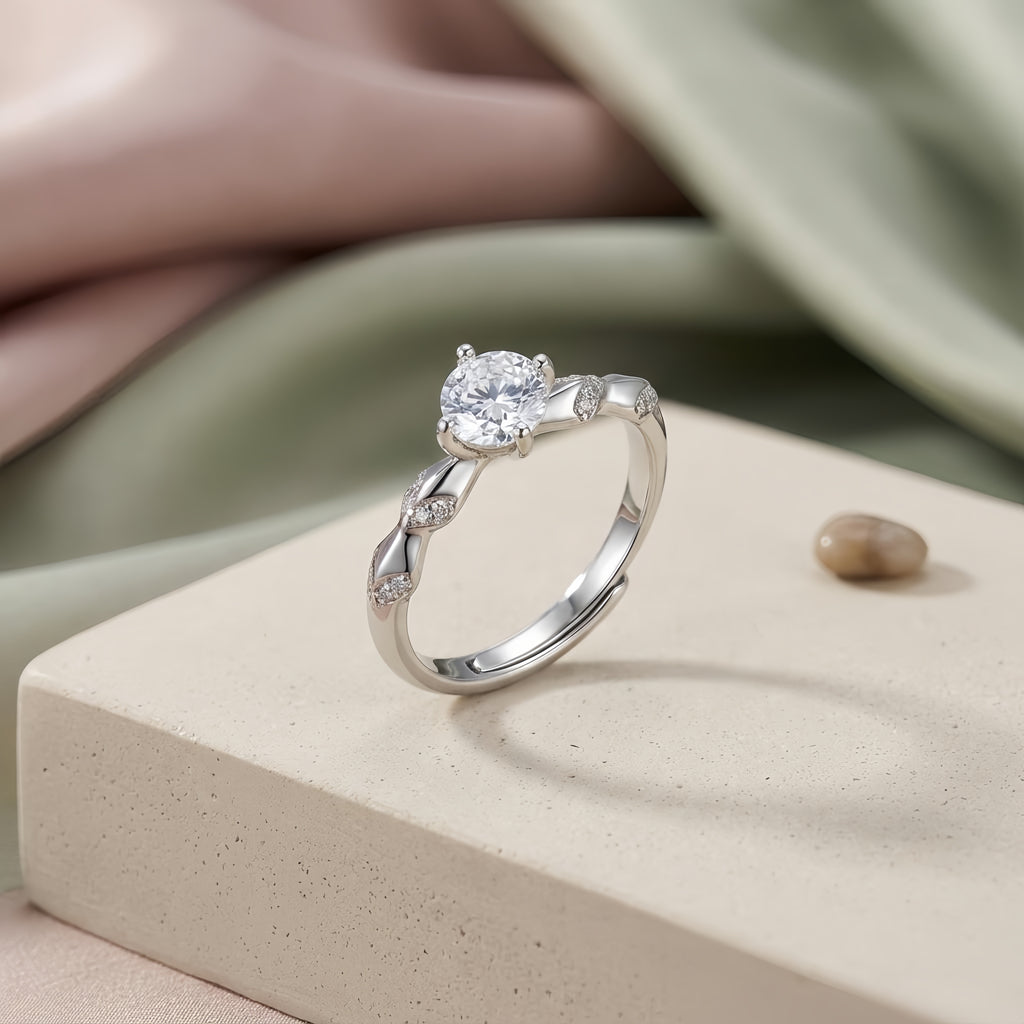Sterling Silver Adjustable Twisted Vine Cubic Zirconia Solitaire Ring