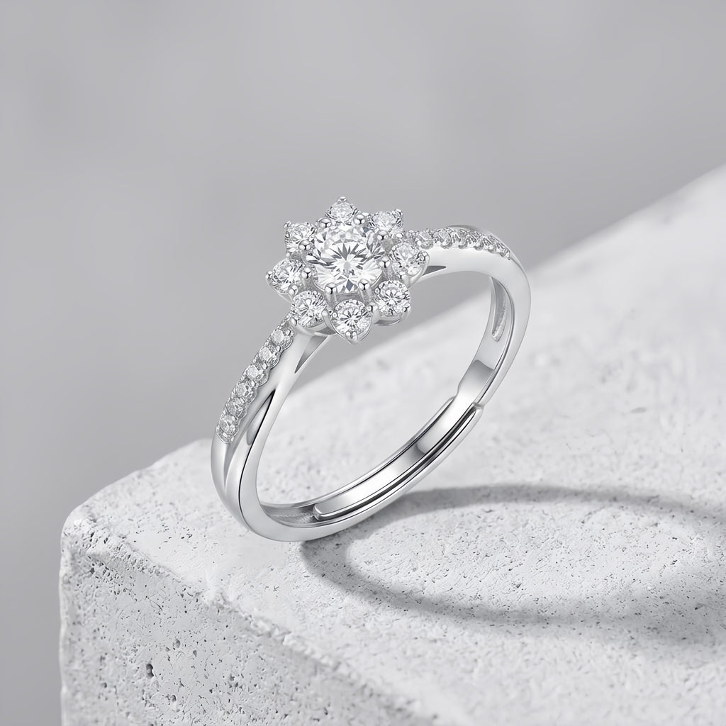 Sterling Silver Snowflake Flower Halo Ring