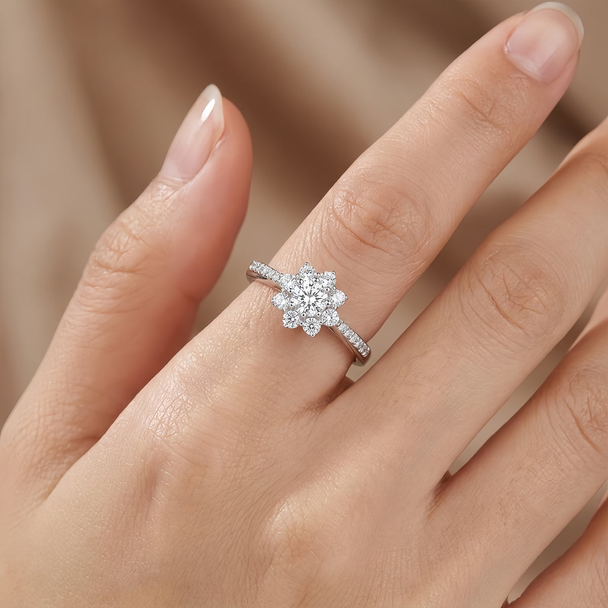 Sterling Silver Snowflake Flower Halo Ring
