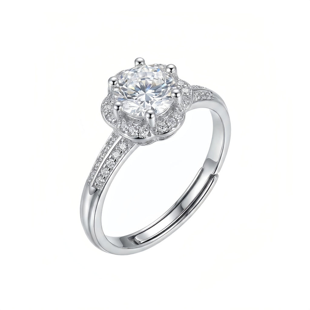 Sterling Silver Adjustable Flower Halo Cubic Zirconia Ring