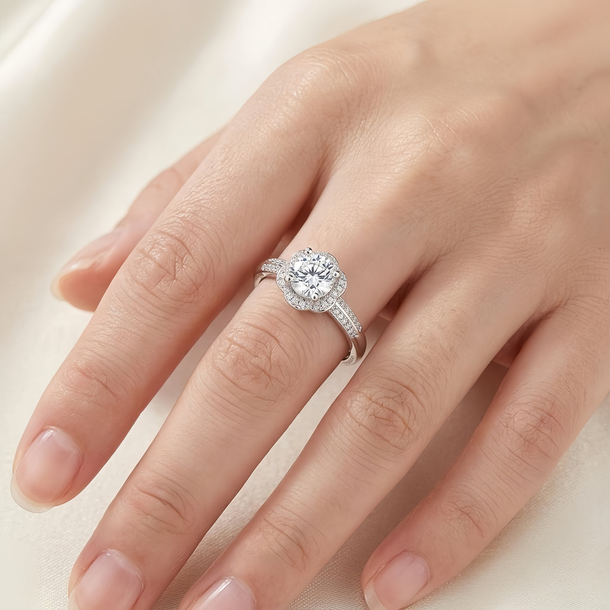 Sterling Silver Adjustable Flower Halo Cubic Zirconia Ring