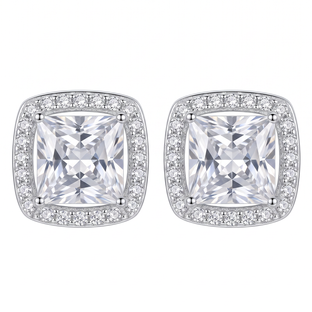 Sterling Silver Cushion-Cut Cubic Zirconia Halo Stud Earrings