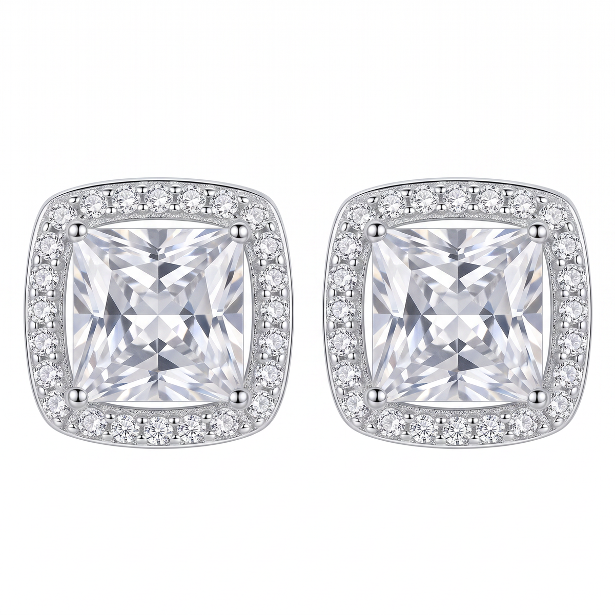 Sterling Silver Cushion-Cut Cubic Zirconia Halo Stud Earrings