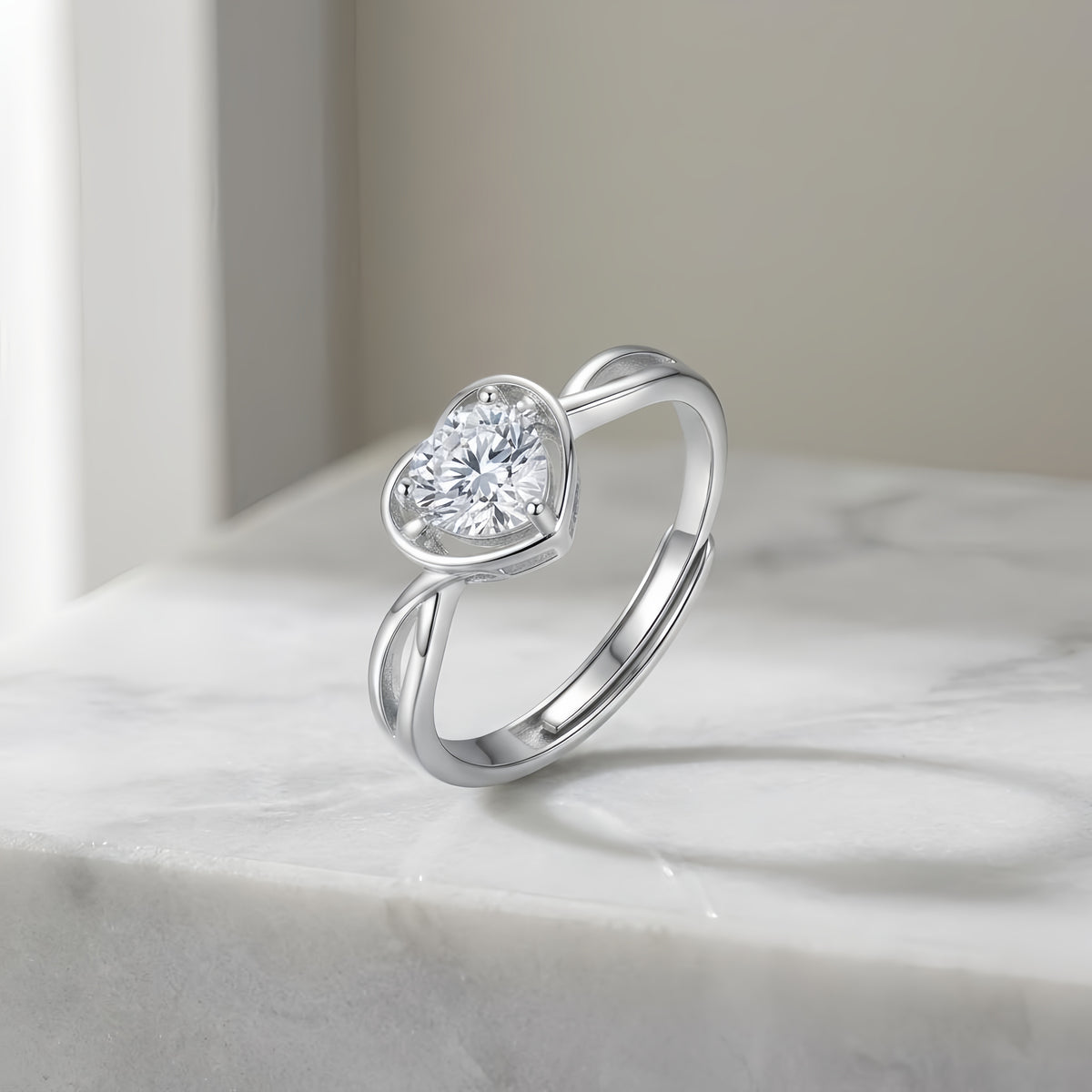 Sterling Silver Adjustable Heart Cubic Zirconia Ring
