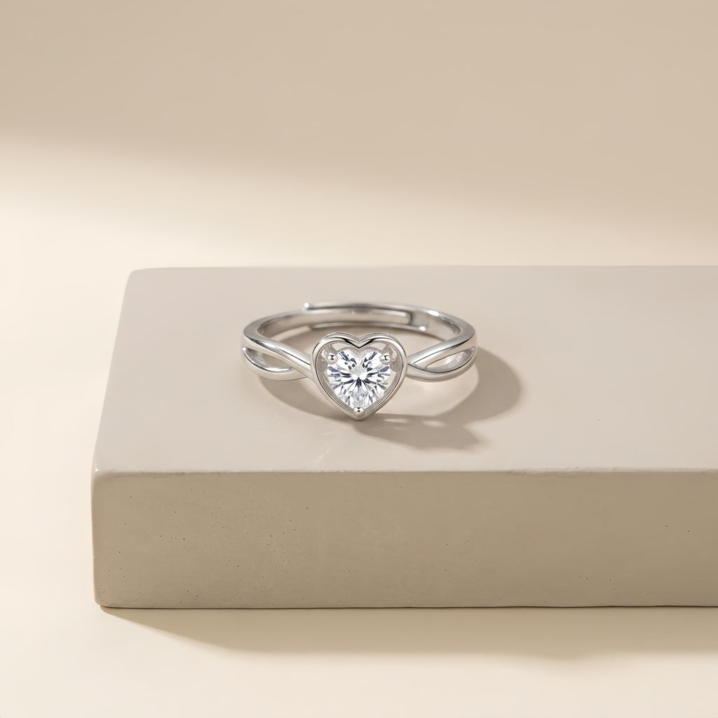 Sterling Silver Adjustable Heart Cubic Zirconia Ring